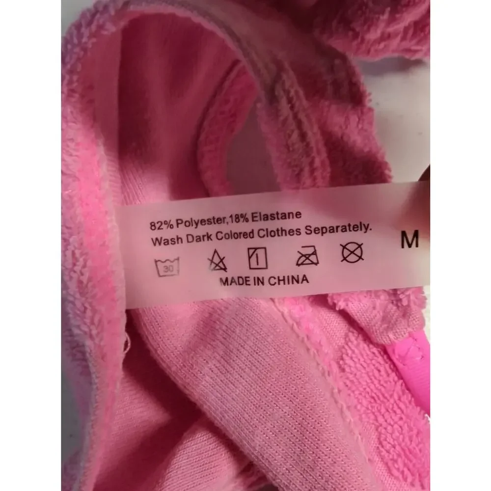 Pink Terry Cloth Tie-Strap Triangle Bikini Set with Heart Texture Size M